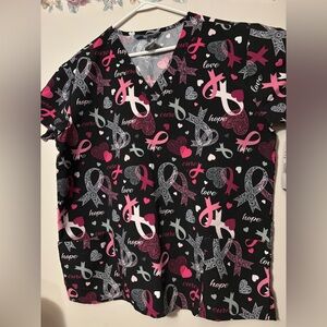 Black and Pink Ribbon Print Scrub Top
